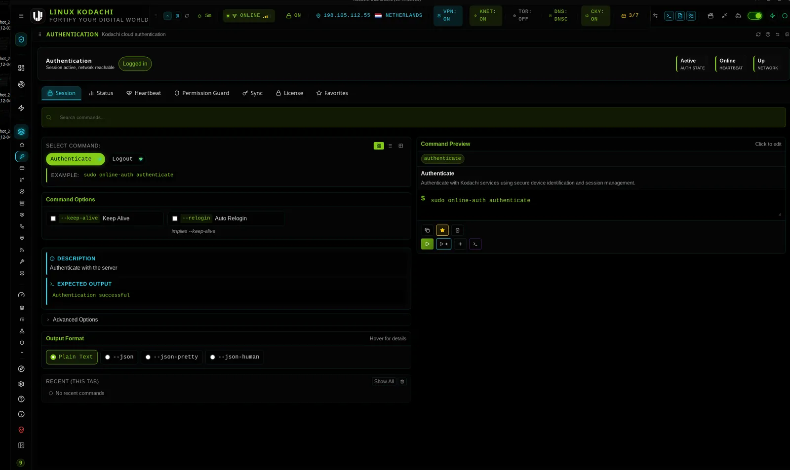 Kodachi dashboard, Authentication