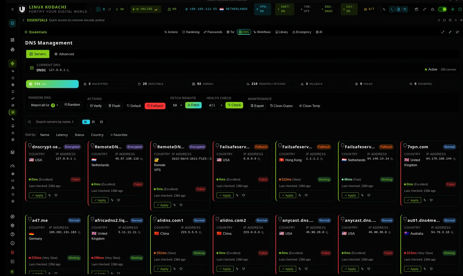 Kodachi dashboard, DNS management