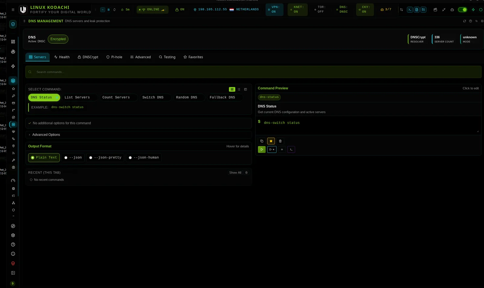 Kodachi dashboard, DNS switch
