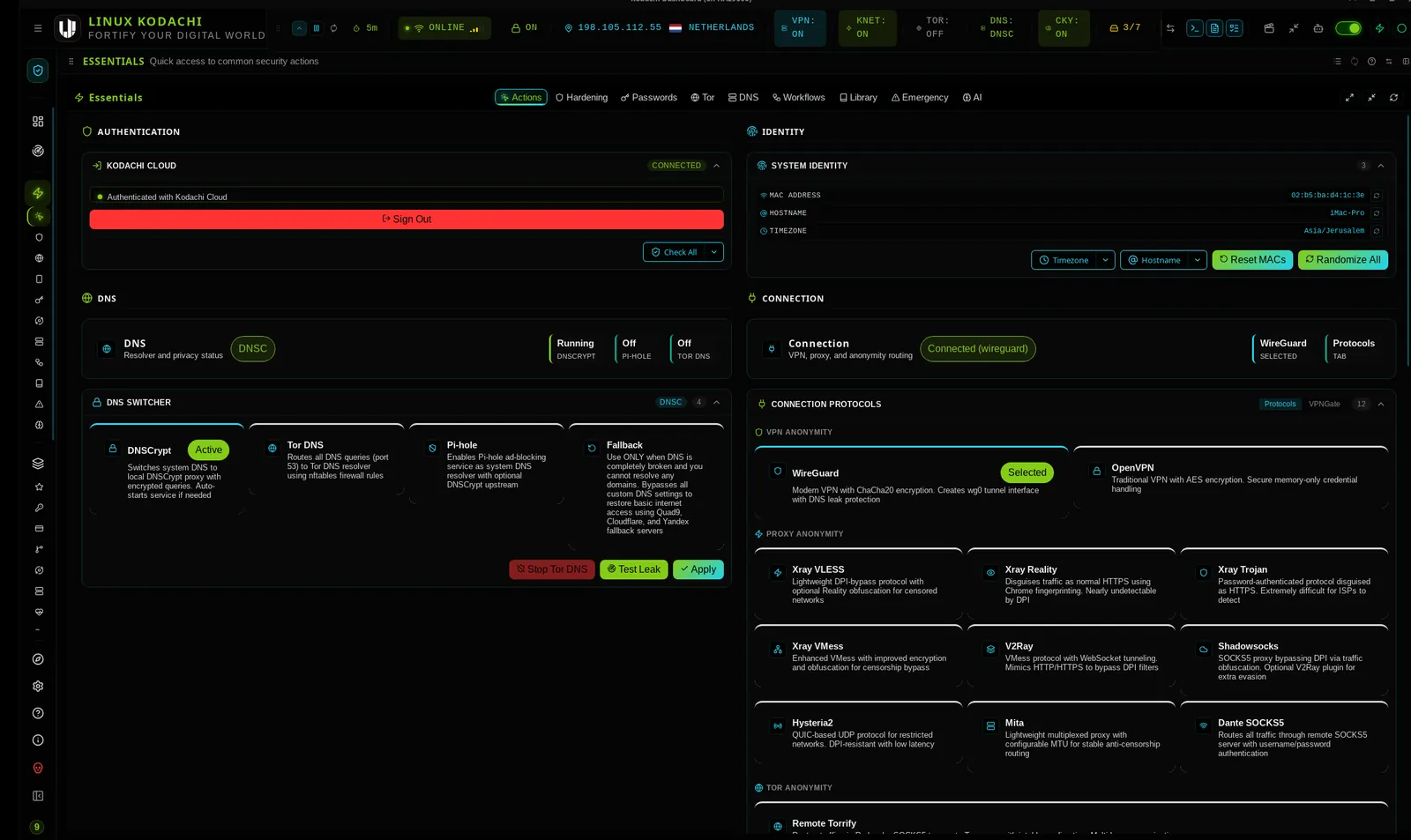 Kodachi dashboard, Quick actions