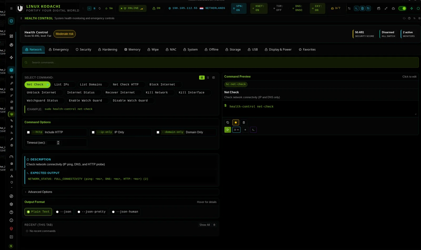 Kodachi dashboard, Health control