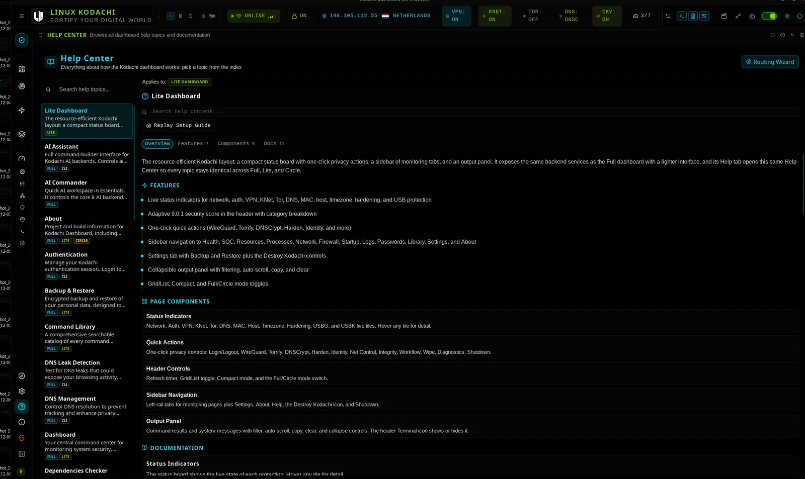 Kodachi dashboard, Help center
