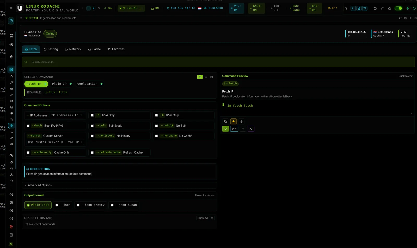 Kodachi dashboard, IP and geo