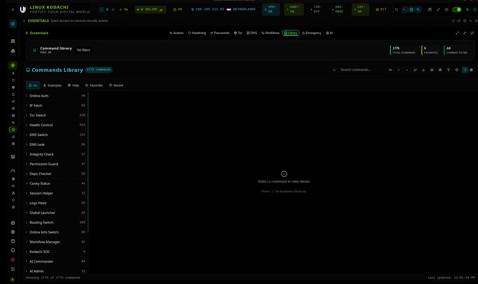 Kodachi dashboard, Commands library