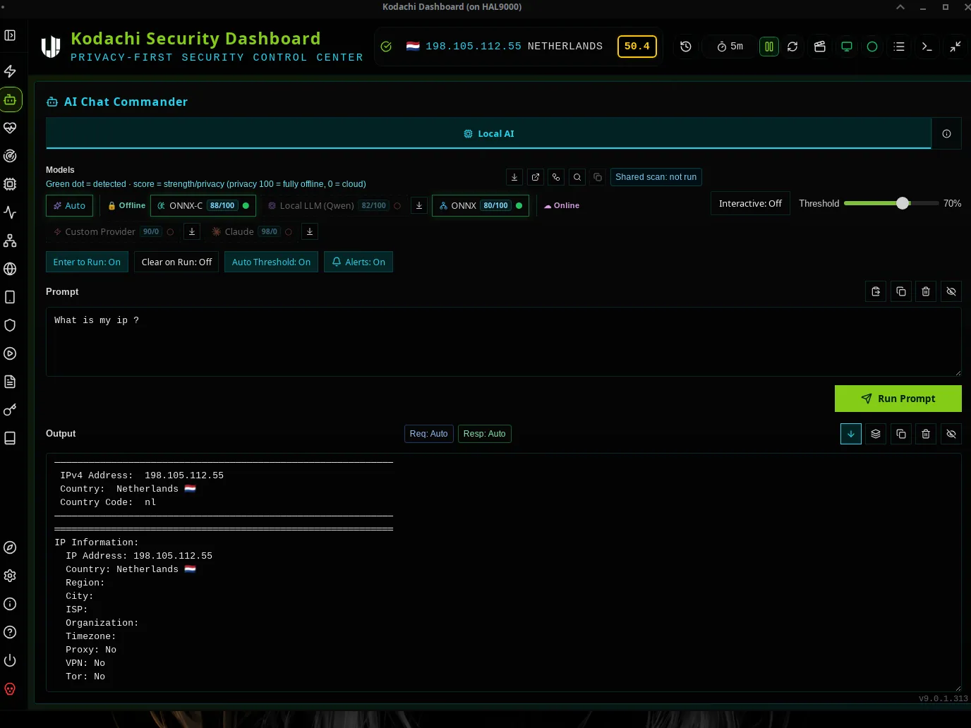 Kodachi dashboard, Lite AI chat