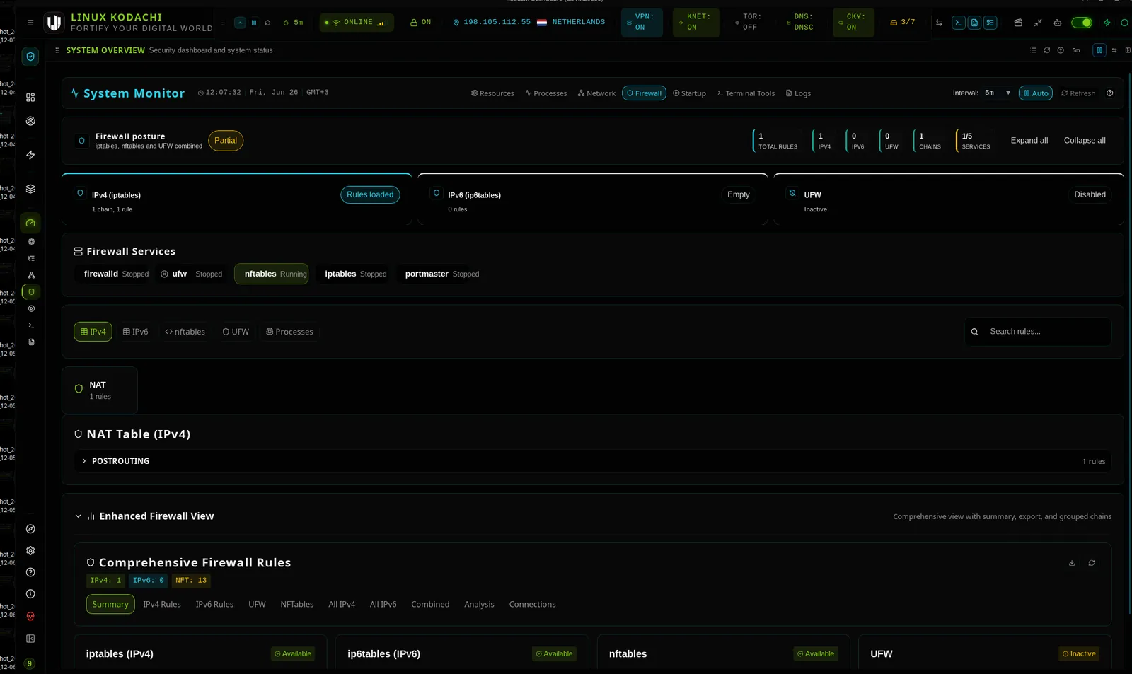 Kodachi dashboard, System monitor, firewall