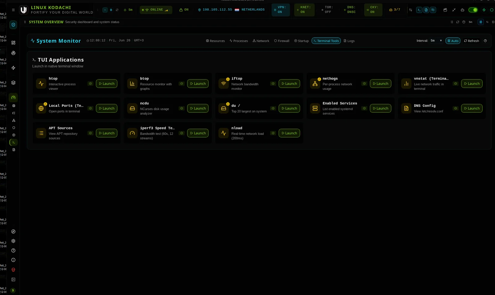 Kodachi dashboard, System monitor, terminal tools