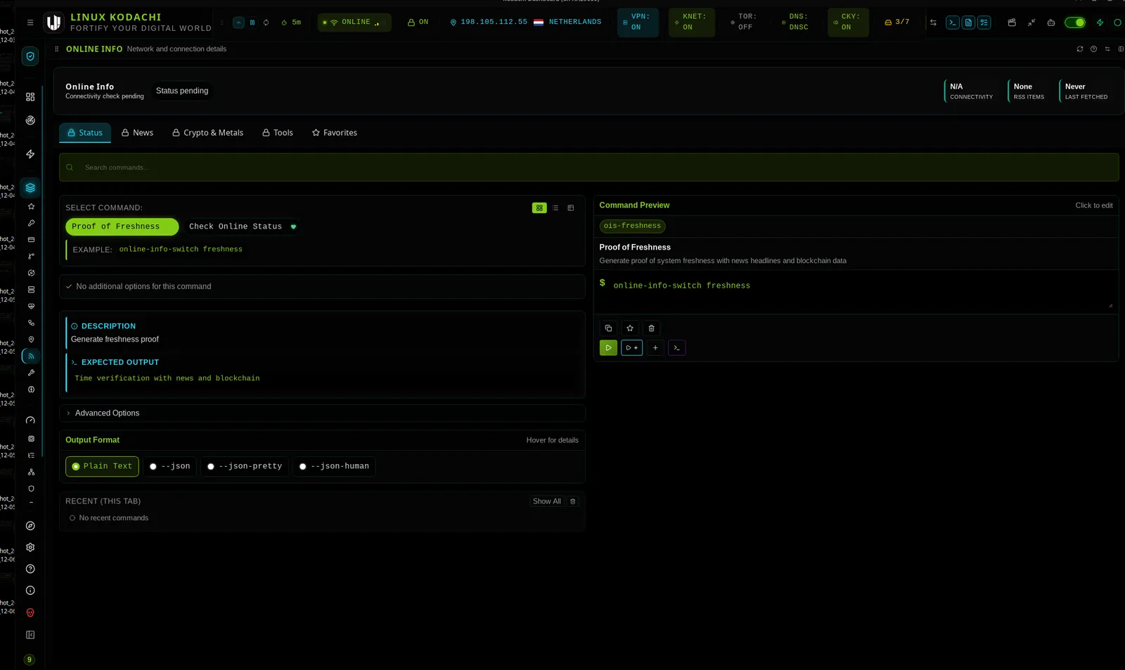 Kodachi dashboard, Online info