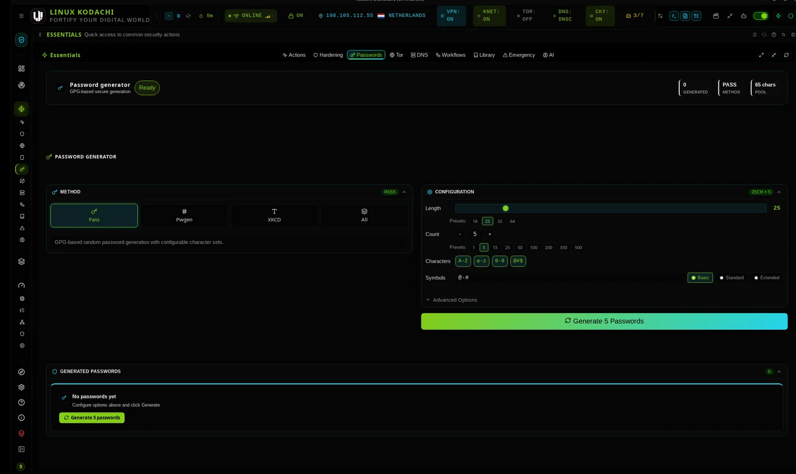 Kodachi dashboard, Password generator