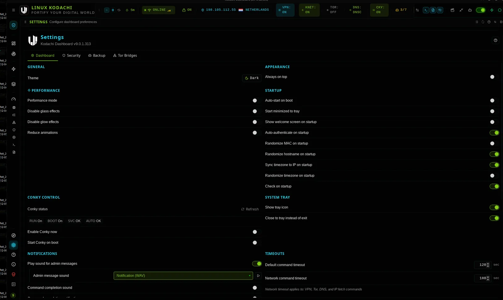 Kodachi dashboard, Settings