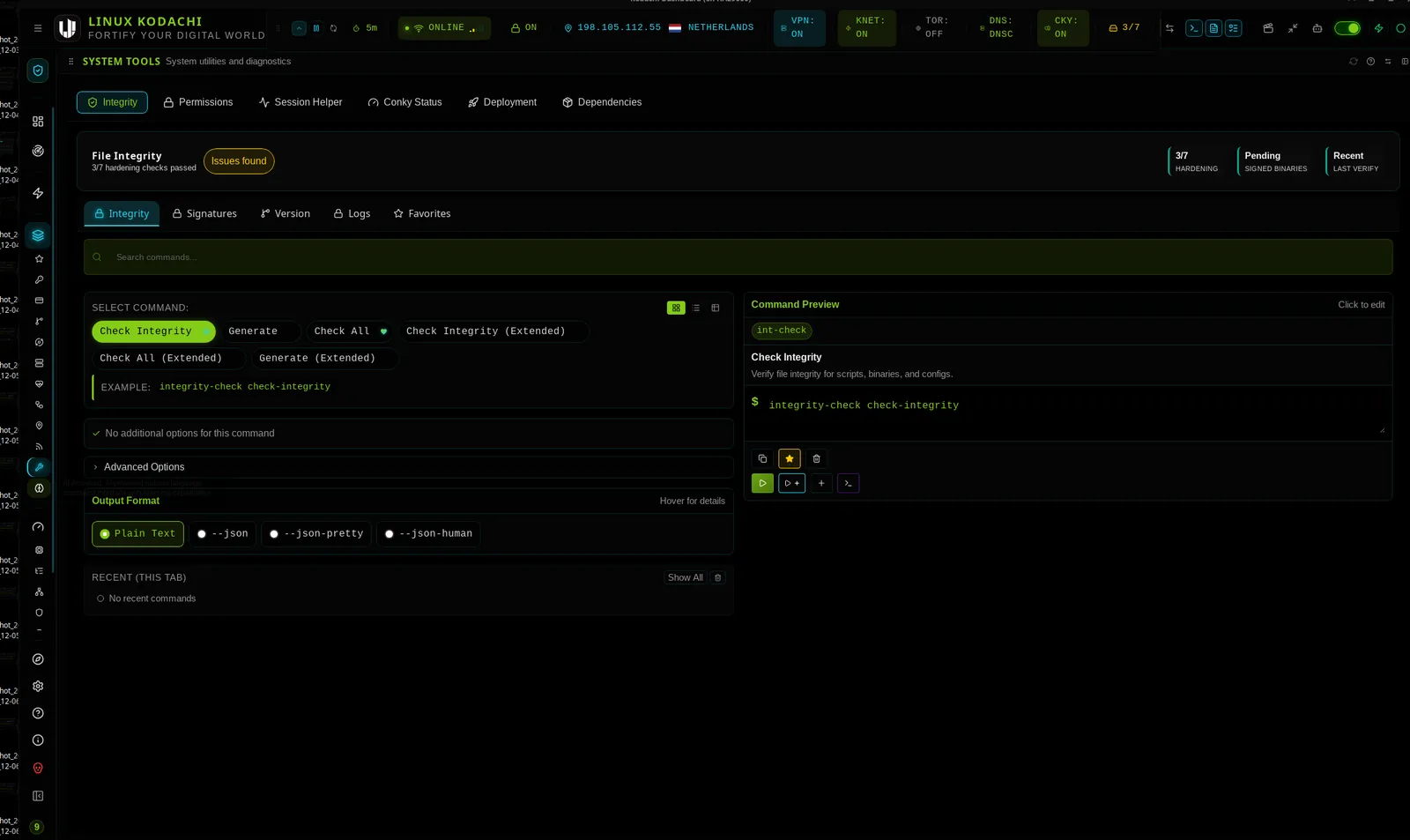 Kodachi dashboard, System tools