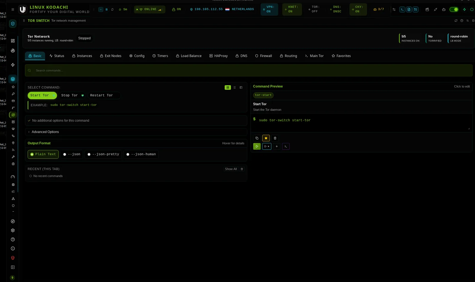 Kodachi dashboard, Tor switch