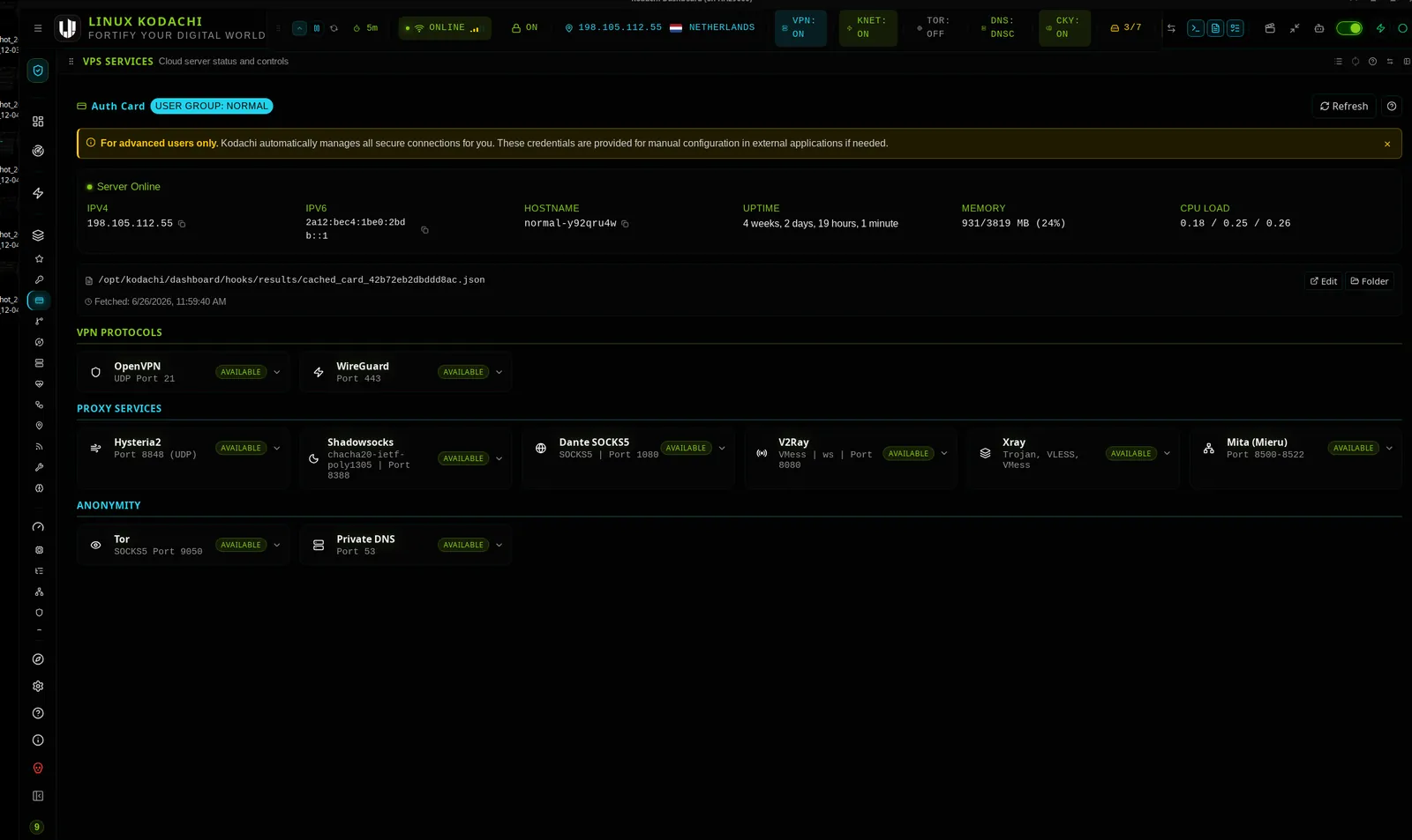 Kodachi dashboard, VPS exit card