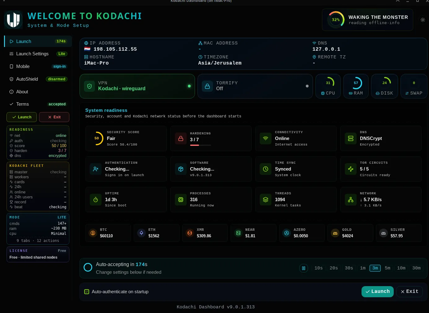 Kodachi dashboard, Welcome screen